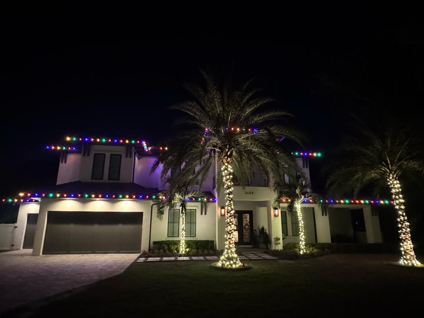 Multicolour roofline with warm white wrapped trees